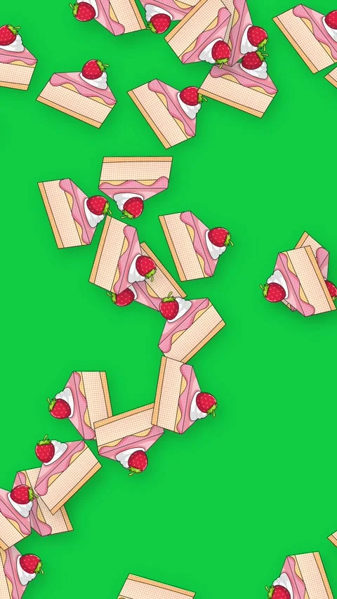 Animated Strawberry Cake Slices Falling Against a Solid Green Background Stock Footage 339381299