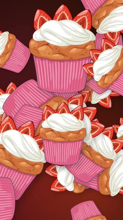 Animated Strawberry Cupcakes Falling Against a Dark Gradient Background Stock Footage 344832540