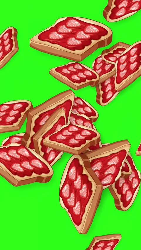 Animated Strawberry Jam Toast Falling Against a Green Screen Background Video stock 345041476