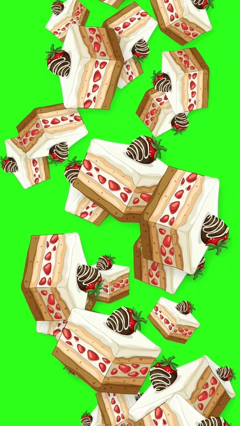 Animated Strawberry Shortcake Slices Falling on Green Screen Background Stock Footage 345304111