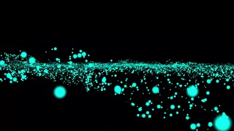 Animated stream of cyan blue glowing particles on a black background, moving Video stock 313684409