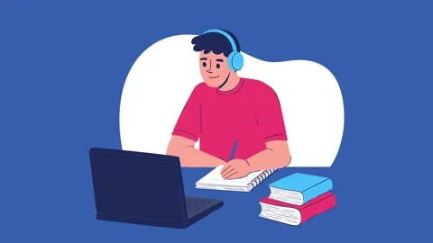 Animated student with headphones writing notes during online video lecture. Stockbeeldmateriaal 338365698