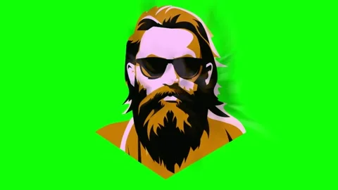 Animated stylized bearded man wearing sunglasses against a vibrant green screen Stock Footage 346128972