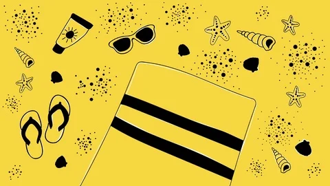 Animated summer background with black hand drawn beach objects on yellow Stock Footage 121945205