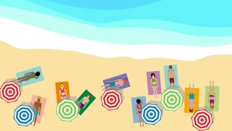 Animated summer background. Crowded beach and sea with umbrella and people ta Stock Footage 148365461