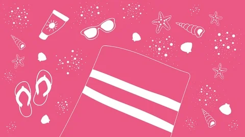Animated summer background with white hand drawn beach objects on pink Stock Footage 121945170