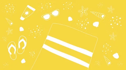 Animated summer background with white hand drawn beach objects on yellow Stock Footage 121945197