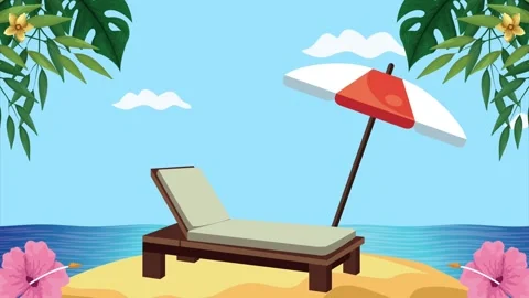 Animated summer beach scene featuring wooden deck chair and parasol near tr.. 库存影片 339112063