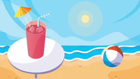 Animated summer beach scene with tropical drink and bouncing ball on sandy .. Stock Footage 338316210