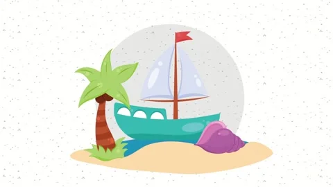 Animated summer tropical beach scene featuring cute little sailboat and pal.. Видео 338968259