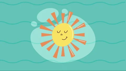 Animated sun character rising over stylized ocean waves for summer weather .. Vídeo Stock 339049531