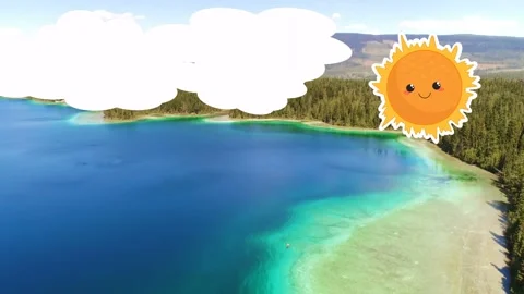 Animated sun-cloud drifting across sky while drone tracking lake shore, showing 스톡 동영상 333192865