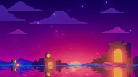 Animated Sunset Reflection over Water with Buildings and Colorful Sky Stock Footage 303951337