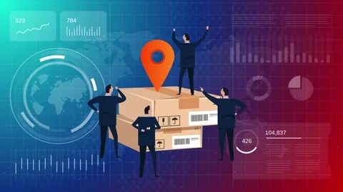 Animated supply chain and logistics dashboard featuring team standing Stock Footage 318049713