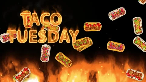 Animated Taco Tuesday Text with Falling Tacos and Ground Fire Stock Footage 339383986