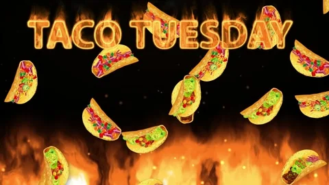 Animated Taco Tuesday Text with Falling Tacos and Raging Fire Background Stock Footage 342312165