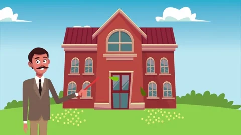 Animated teacher points to red school building in sunny green field with fl.. Stock Footage 334540346
