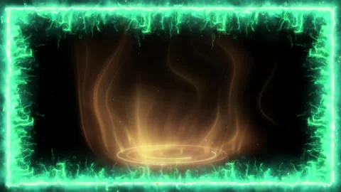 Animated teal fire border frame with a glowing golden light portal effect on a Stock Footage 346135574