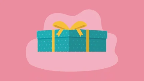 Animated teal gift box with yellow ribbon rotating and settling on pink bac.. Vídeos de archivo 338402808