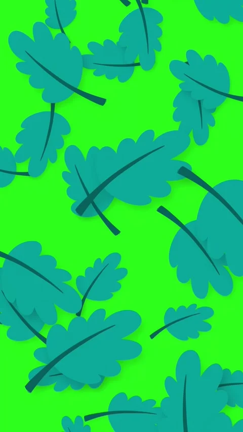 Animated Teal Oak Leaves Falling on Vibrant Green Background Stock Footage 344833230
