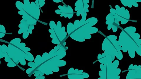 Animated Teal Oak Leaves Falling Against a Solid Black Background Stock Footage 347344965