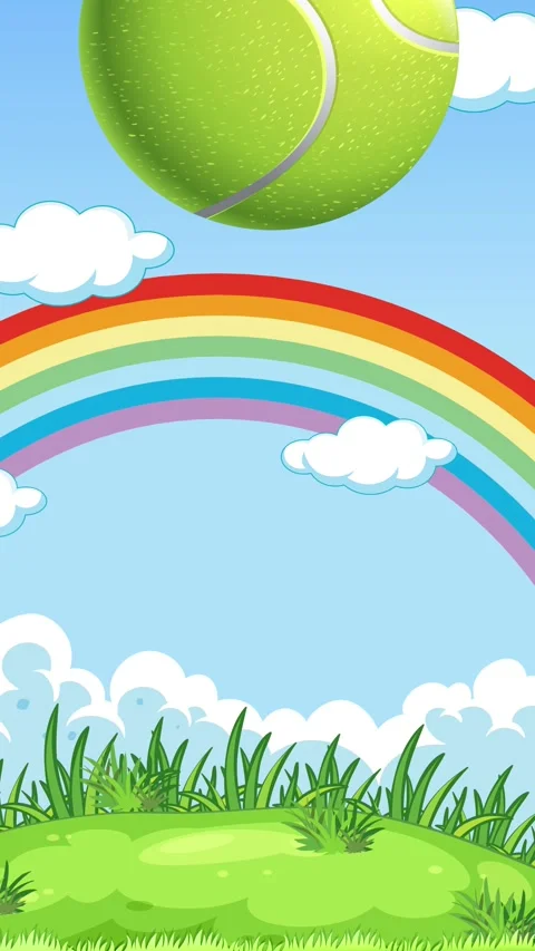 Animated Tennis Ball Bouncing in Cartoon Field with Rainbow Background Stock Footage 342320145