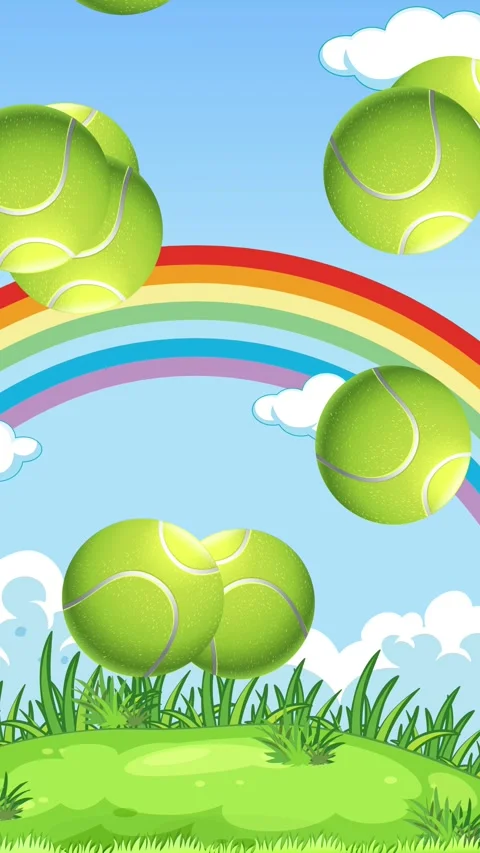 Animated Tennis Balls Bouncing on Green Grass Under Rainbow Sky Video stock 342923256