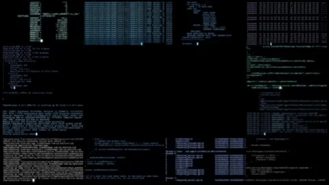 An animated terminal with real code snippets, stack traces, and debugging lines. Vidéo 319527100