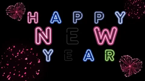 Animated text neon light HAPPY NEW YEAR with blue fireworks. Stock Footage 252591954