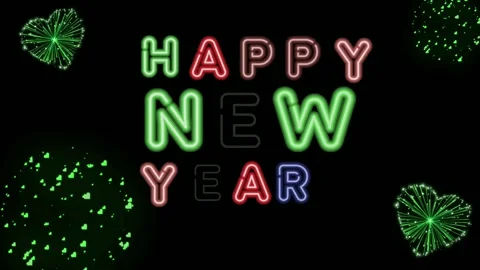 Animated text neon light HAPPY NEW YEAR with blue fireworks. Stock Footage 252591996