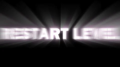 Animated text reading RESTART LEVEL with glowing white light rays on a black Stock Footage 346338315