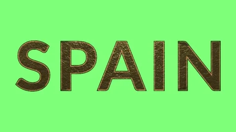 Animated text sequence displaying the word spain with textured metallic gold Stock Footage 346122248