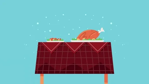 Animated thanksgiving dinner with roasted turkey and salad on festive table.. Stock Footage 333354311