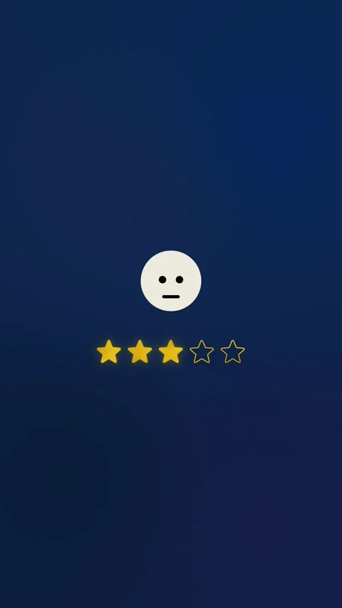 Animated three star rating with neutral face icon on dark blue backdrop, cust Vídeo Stock 329850461