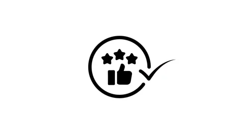 Animated three star rating with thumbs up and check mark inside a rotating .. Stock Footage 346497003