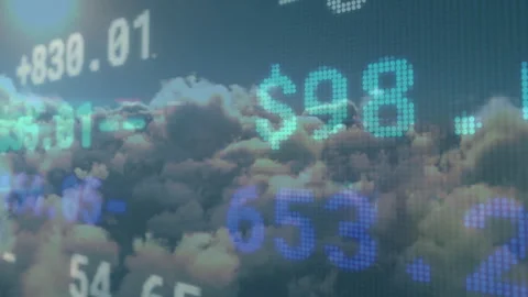 Animated ticker digits starting below zero and updating over sun-haloed clouds Stock Footage 310864371