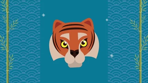 Animated tiger face with blinking eyes on a blue patterned background with .. Stock Footage 339202716