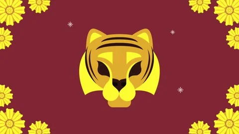 Animated tiger face graphic with floating sparkles and rotating floral bord.. Vídeo Stock 338421964