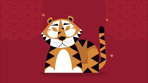 Animated tiger graphic with sparkling elements and traditional Chinese back.. Stock Footage 334264607