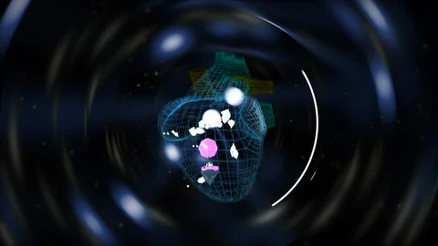 Animated tiny world spinning inside heart-shaped grid over techno waves Stock Footage 125652209