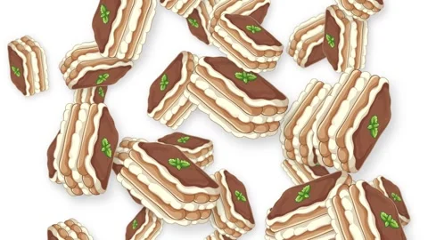 Animated Tiramisu Cake Slices Falling Against a Plain White Background Stock Footage 342780150