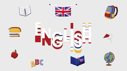 Animated title "English" with language school supplies and a United Kindom flag Stock Footage 280696764