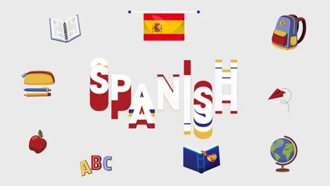 Animated title "Spanish" with language school supplies and a Spain flag Stock Footage 280696766
