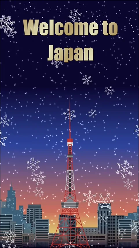 Animated Tokyo Skyline at Night with Falling Snow and Welcome Text Stock Footage 336520662