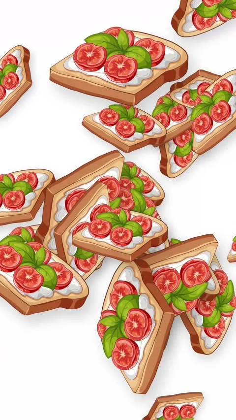 Animated Tomato and Basil Bruschetta Falling on White Background Video stock 344714610