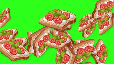 Animated Tomato and Basil Bruschetta Falling on Green Screen Stock Footage 344848468