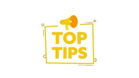 Animated top tips message with megaphone on white and blue screen Stockbeeldmateriaal 310849196
