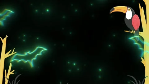Animated toucans perched on bare branches against dark night sky with glowing 库存影片 344218450