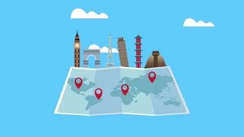 Animated travel map with world monuments icons and location pins on blue ba.. Vídeos de archivo 333721028