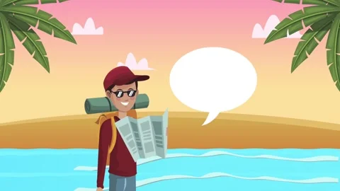 Animated traveler with backpack holding map standing on tropical beach shor.. Stock-Footage 338318182